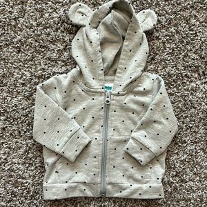 Mighty Goods baby hoodie, grey with black polka dots, size 3 mos